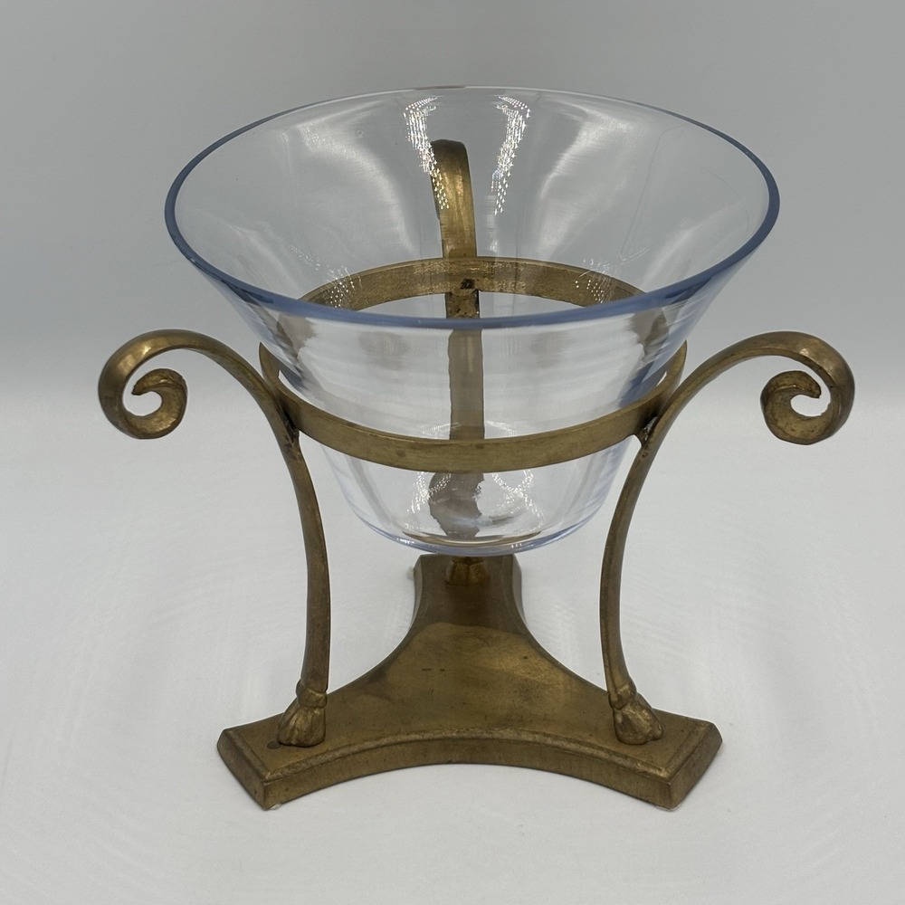 Vintage Clear Glass Bowl on Decorative Brass Stand Art Deco Style‎